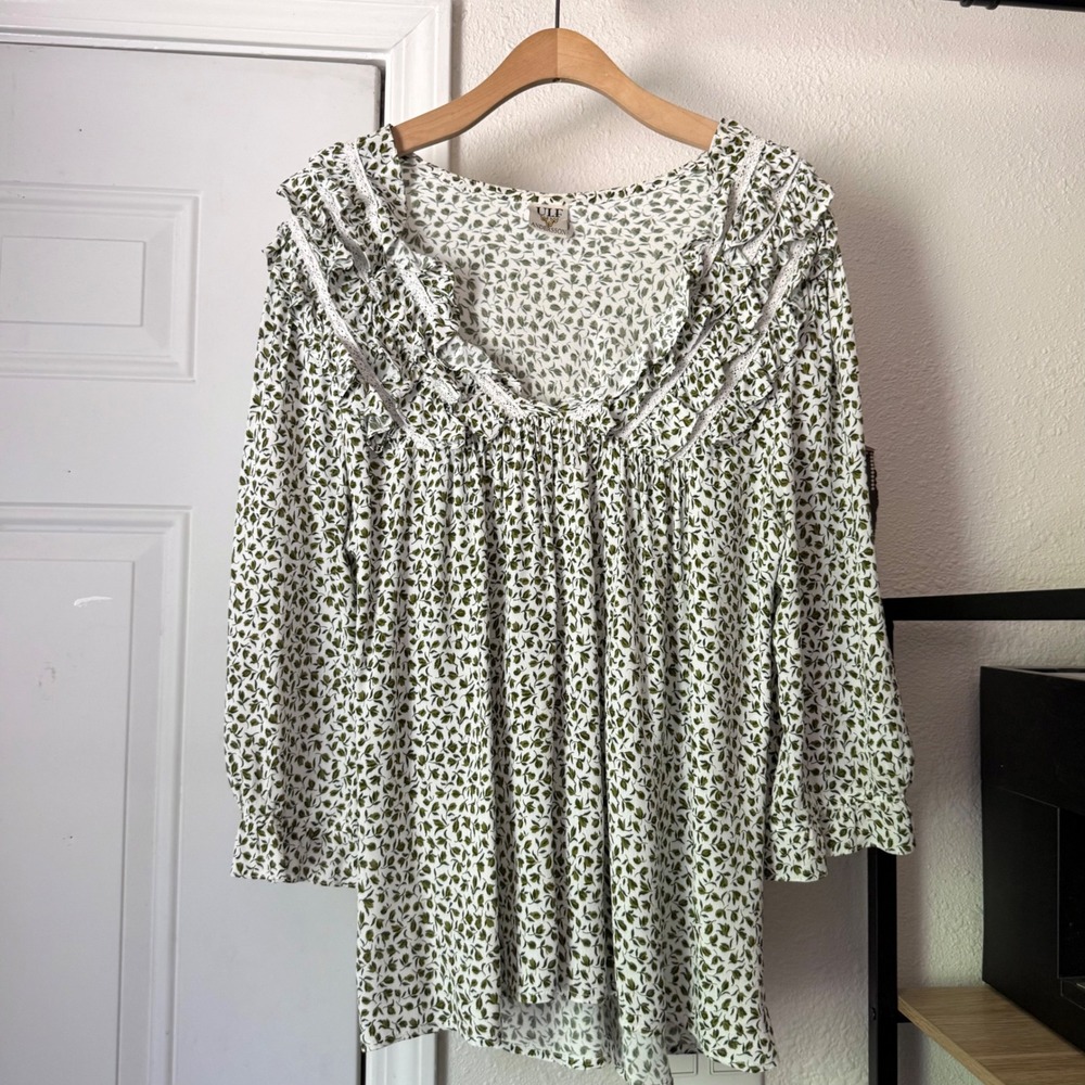 ULF ANDERSSON white green ditsy floral ruffle lace collar cottage blouse top